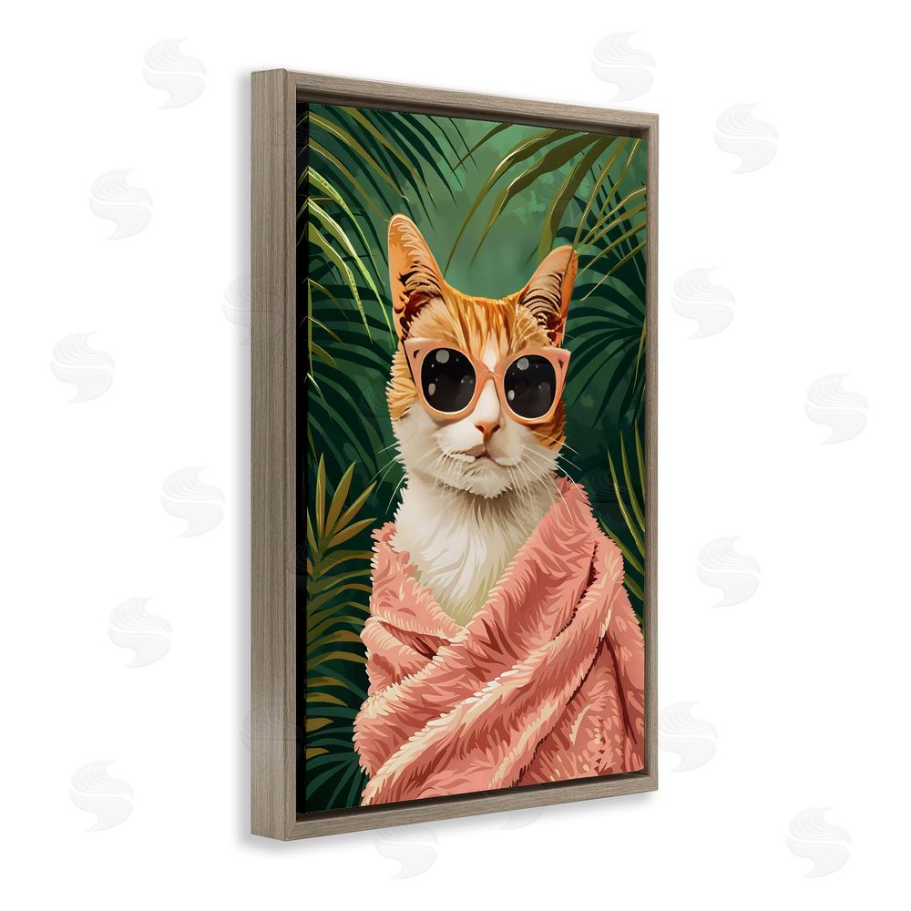 LSR Design Studio Cozy Cat and Tropical Plants Brown Floating Frame Canvas Wall Art Print
