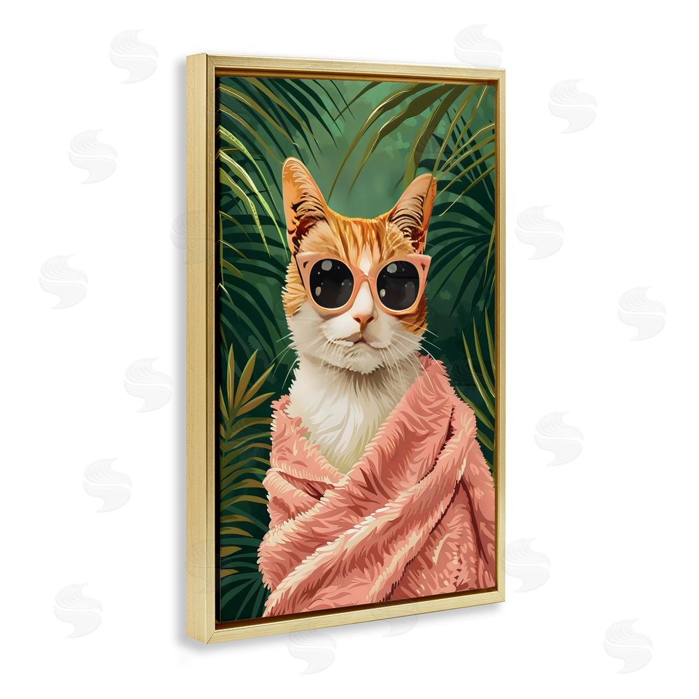 LSR Design Studio Cozy Cat and Tropical Plants Gold Floating Frame Canvas Wall Art Print