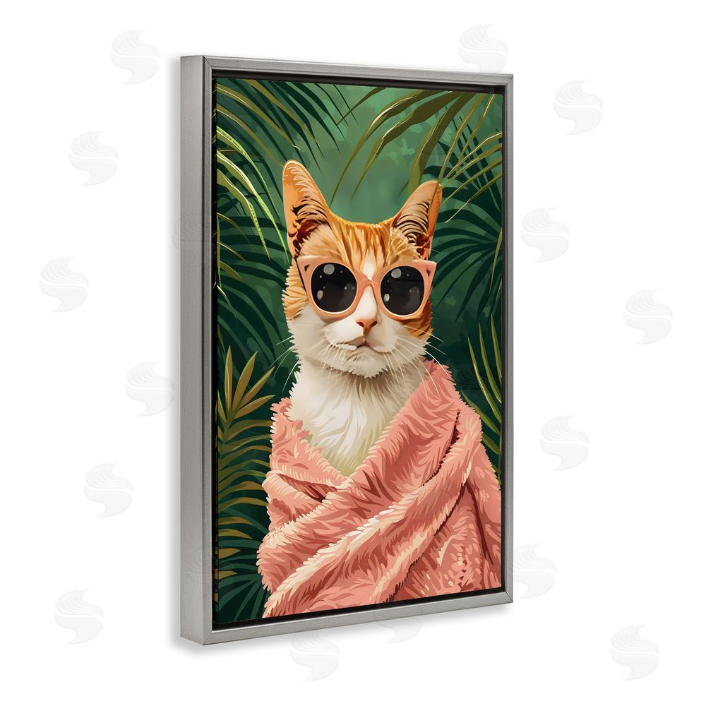 LSR Design Studio Cozy Cat and Tropical Plants Gray Floating Frame Canvas Wall Art Print