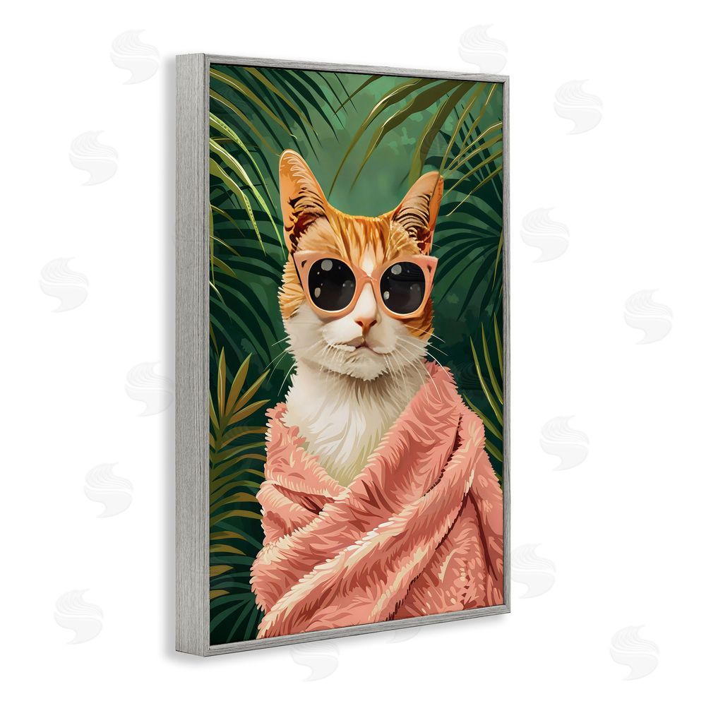LSR Design Studio Cozy Cat and Tropical Plants Gray Framed Giclee Wall Art Print