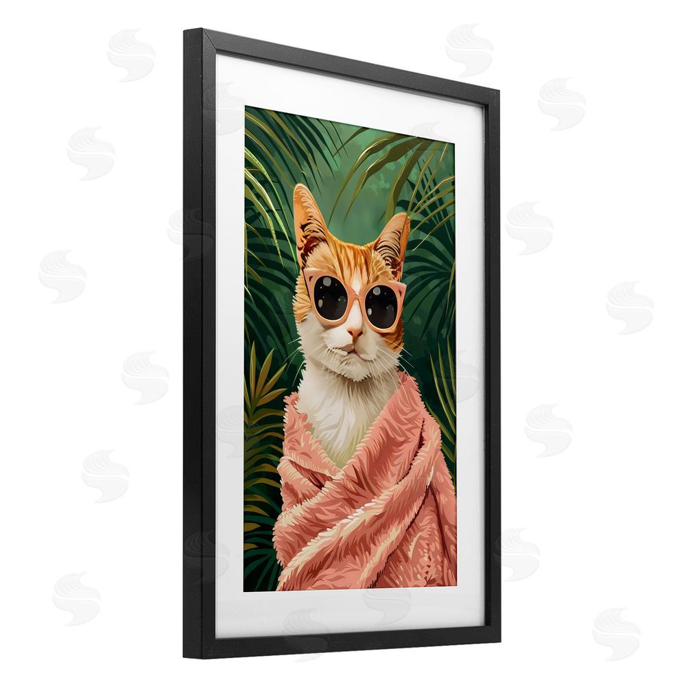 LSR Design Studio Cozy Cat and Tropical Plants Black Framed Print Under Glass with White Mat Wall Art