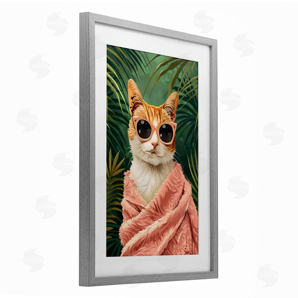 LSR Design Studio Cozy Cat and Tropical Plants Gray Framed Print Under Glass with White Mat Wall Art