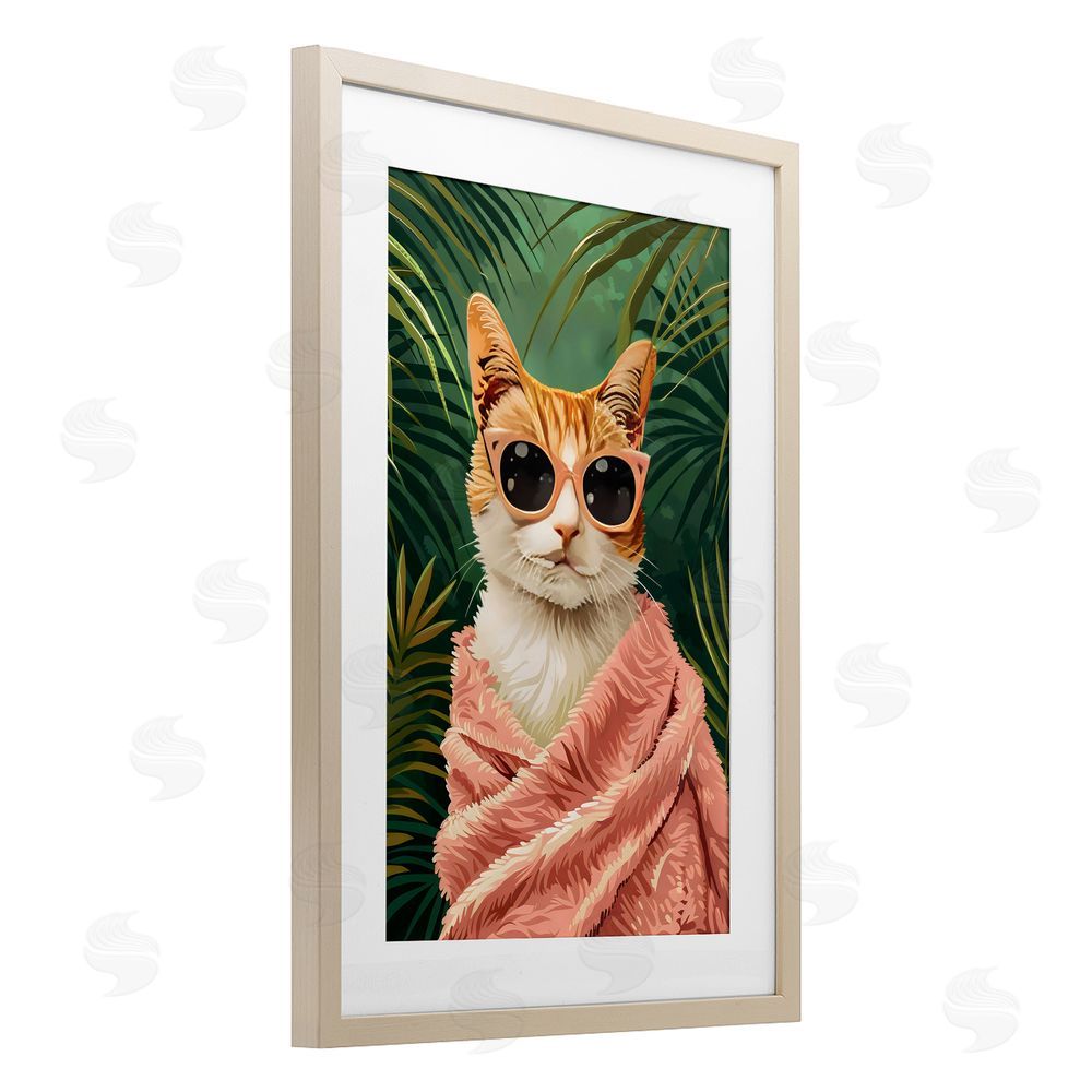 LSR Design Studio Cozy Cat and Tropical Plants Birch Framed Print Under Glass with White Mat Wall Art