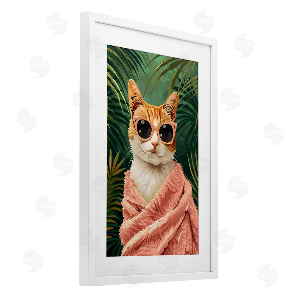 LSR Design Studio Cozy Cat and Tropical Plants White Framed Print Under Glass with Mat Wall Art