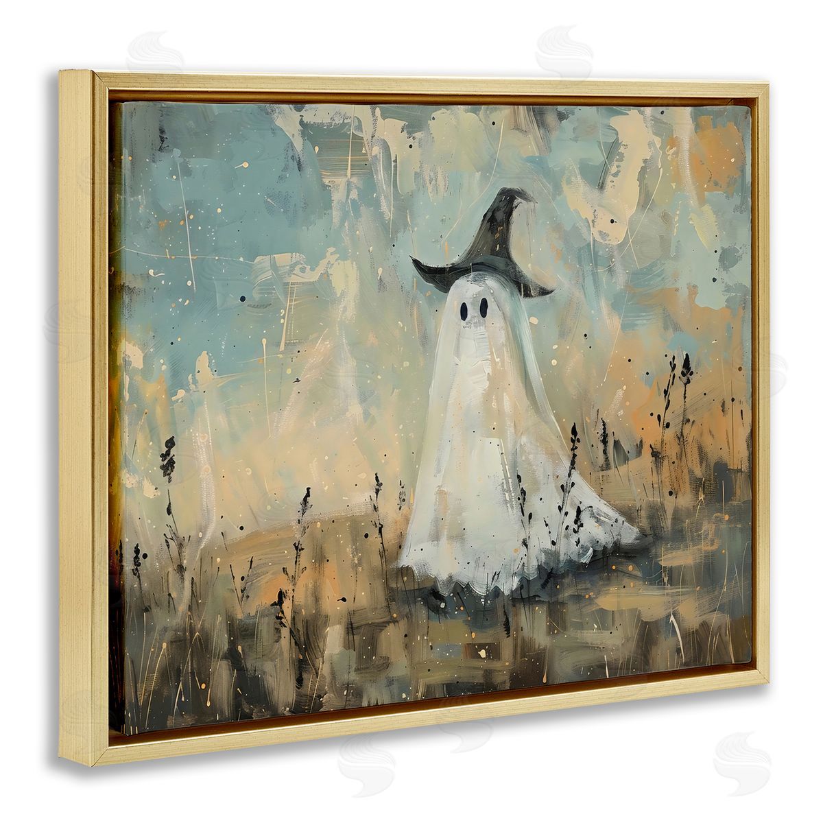 Creative Studio Halloween Witch Hat Ghostie Gold Floating Frame Canvas Art Print