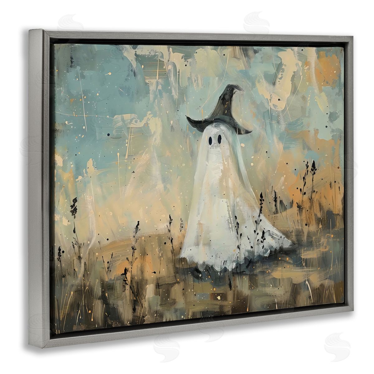 Creative Studio Halloween Witch Hat Ghostie Gray Floating Frame Canvas Art Print