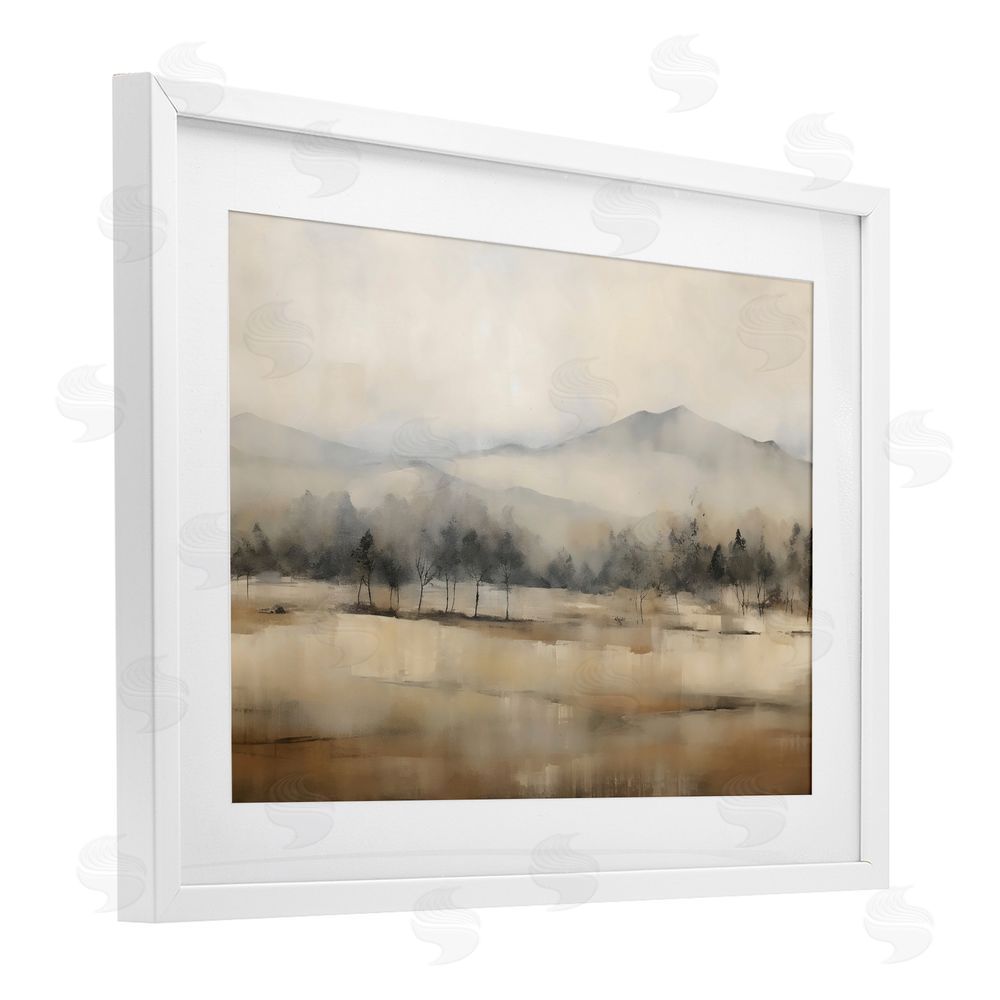 Creative Studio Distant Tree Covered Mountain White Framed Print Under Glass Art