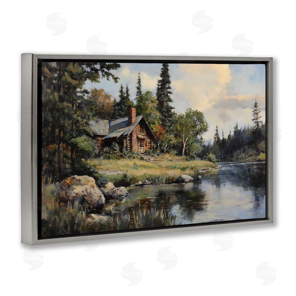 Franklyn Gregory Creek Cabin Woodland View Gray Floating Frame Canvas Wall Art Print