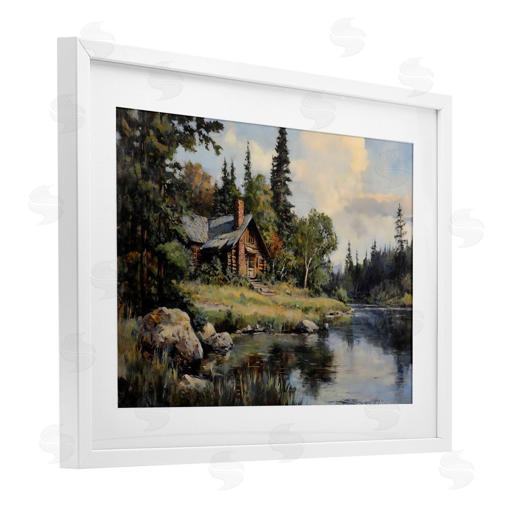 Franklyn Gregory Creek Cabin Woodland View White Framed Print Under Glass with Mat Wall Art