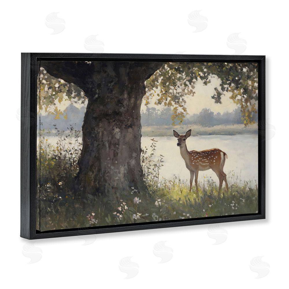 Franklyn Gregory Spotted Doe by Lake Black Floating Frame Canvas Wall Art Print