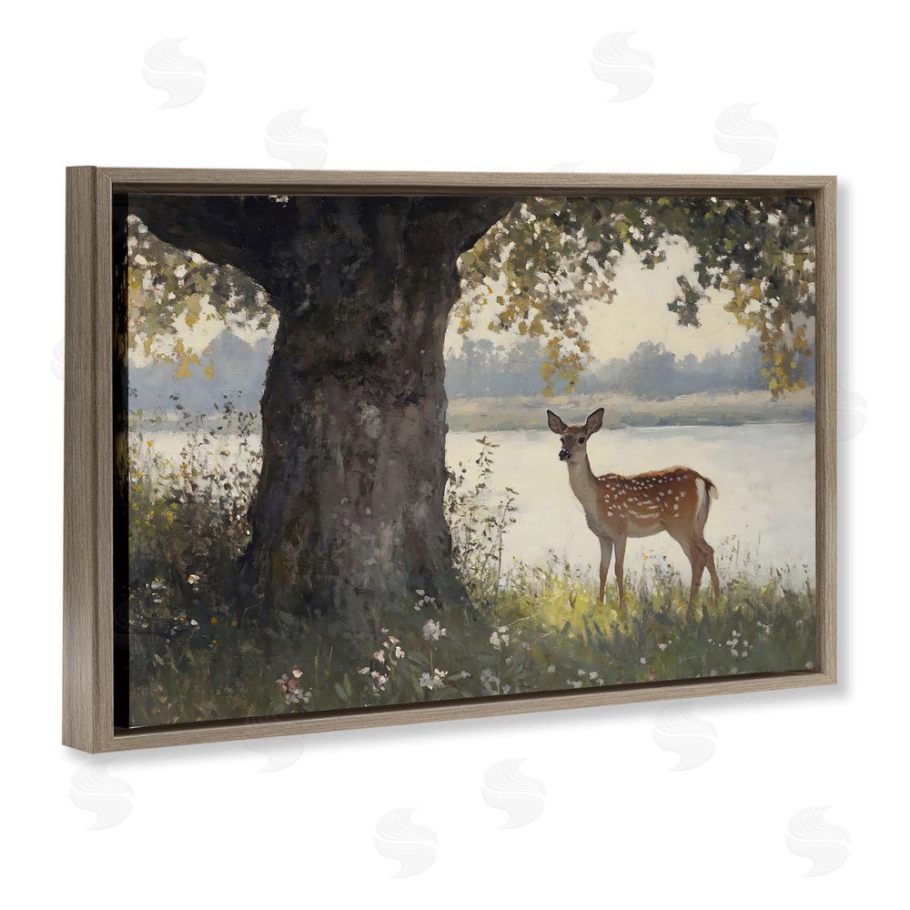 Franklyn Gregory Spotted Doe by Lake Brown Floating Frame Canvas Wall Art Print