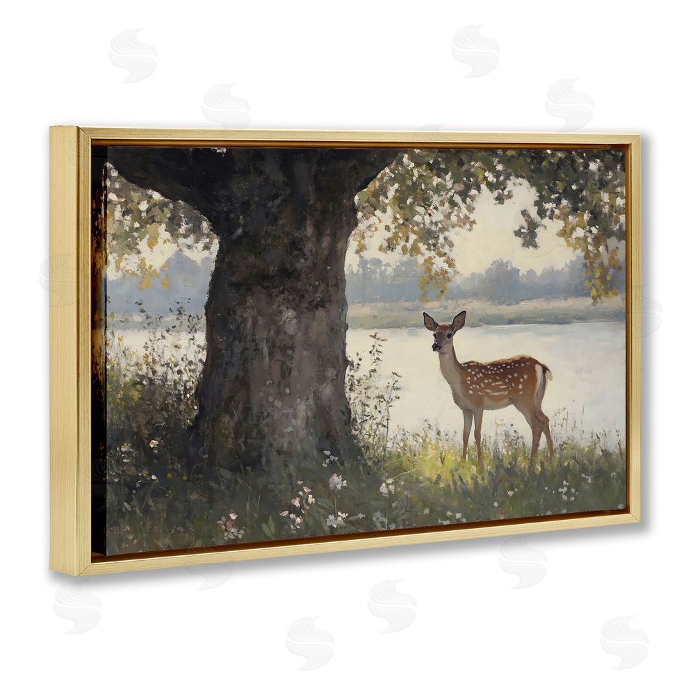 Franklyn Gregory Spotted Doe by Lake Gold Floating Frame Canvas Wall Art Print