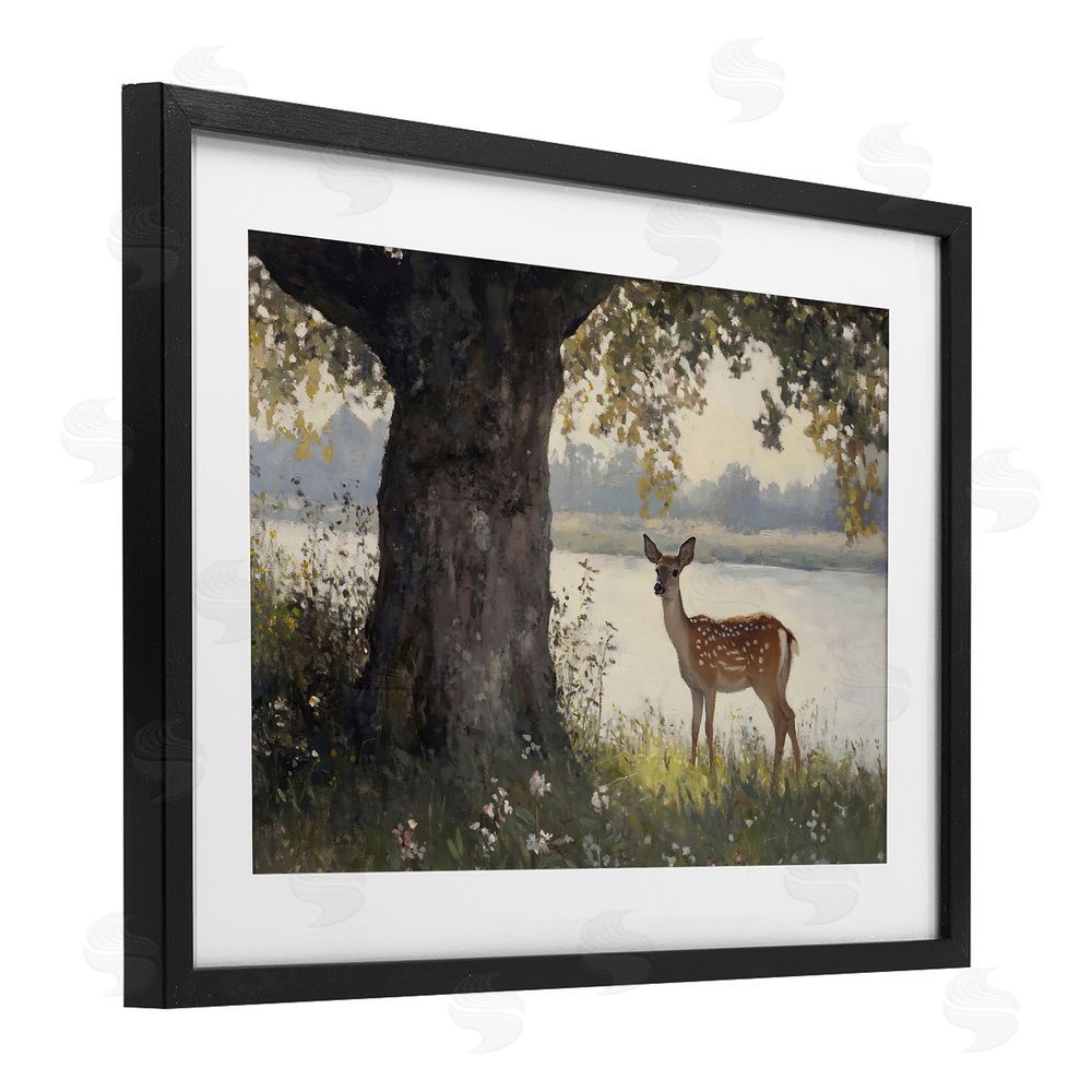 Franklyn Gregory Spotted Doe by Lake Black Framed Print Under Glass with White Mat Wall Art
