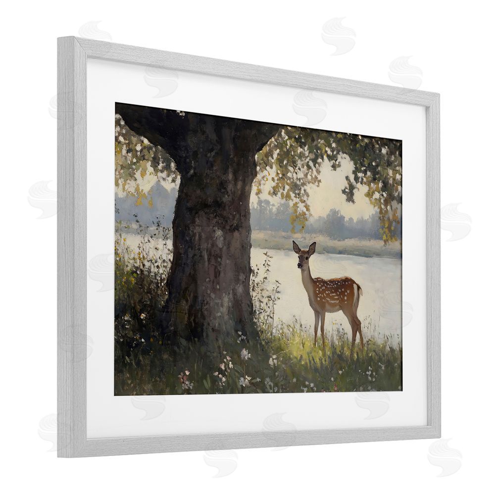Franklyn Gregory Spotted Doe by Lake Gray Framed Print Under Glass with White Mat Wall Art