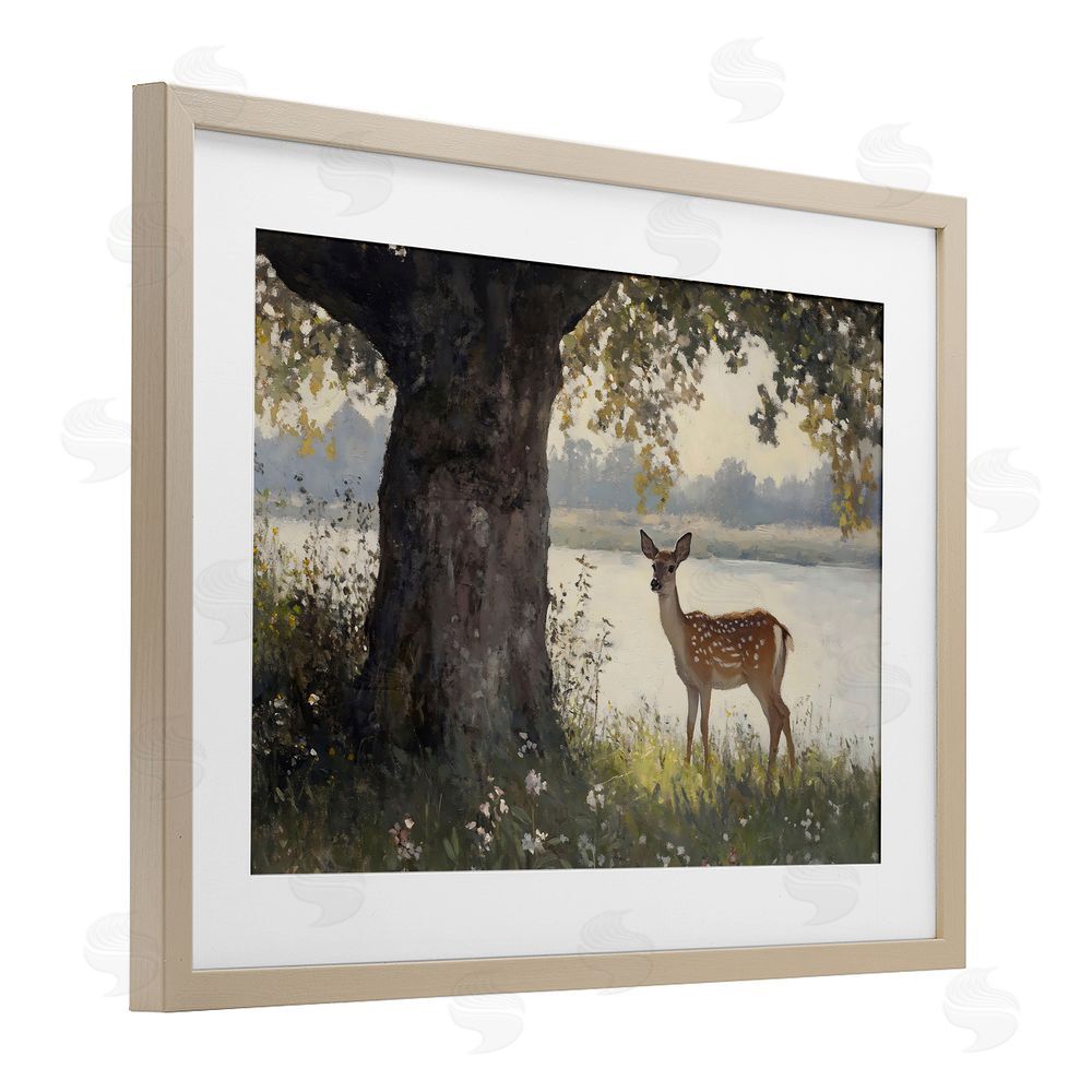 Franklyn Gregory Spotted Doe by Lake Birch Framed Print Under Glass with White Mat Wall Art