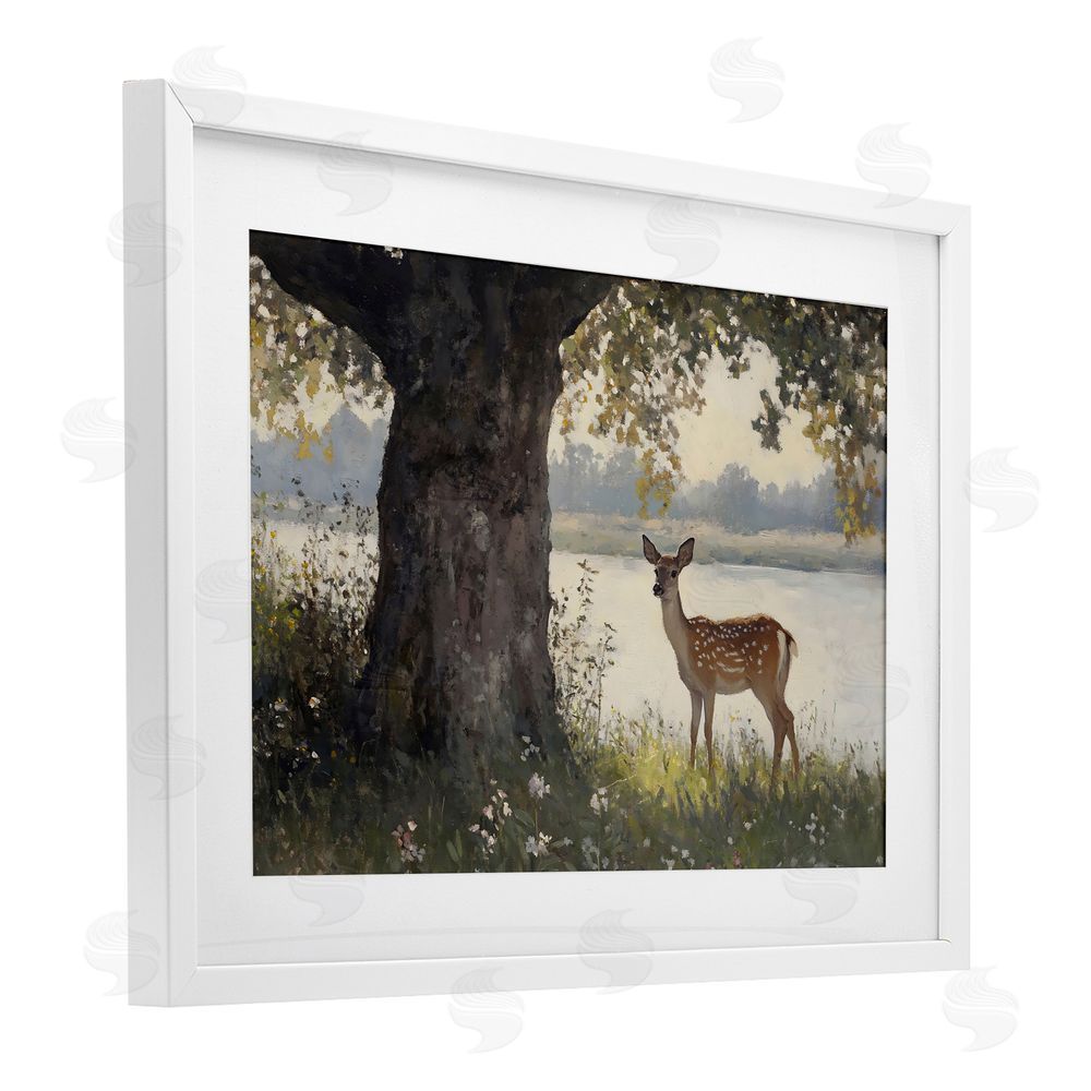 Franklyn Gregory Spotted Doe by Lake White Framed Print Under Glass with Mat Wall Art