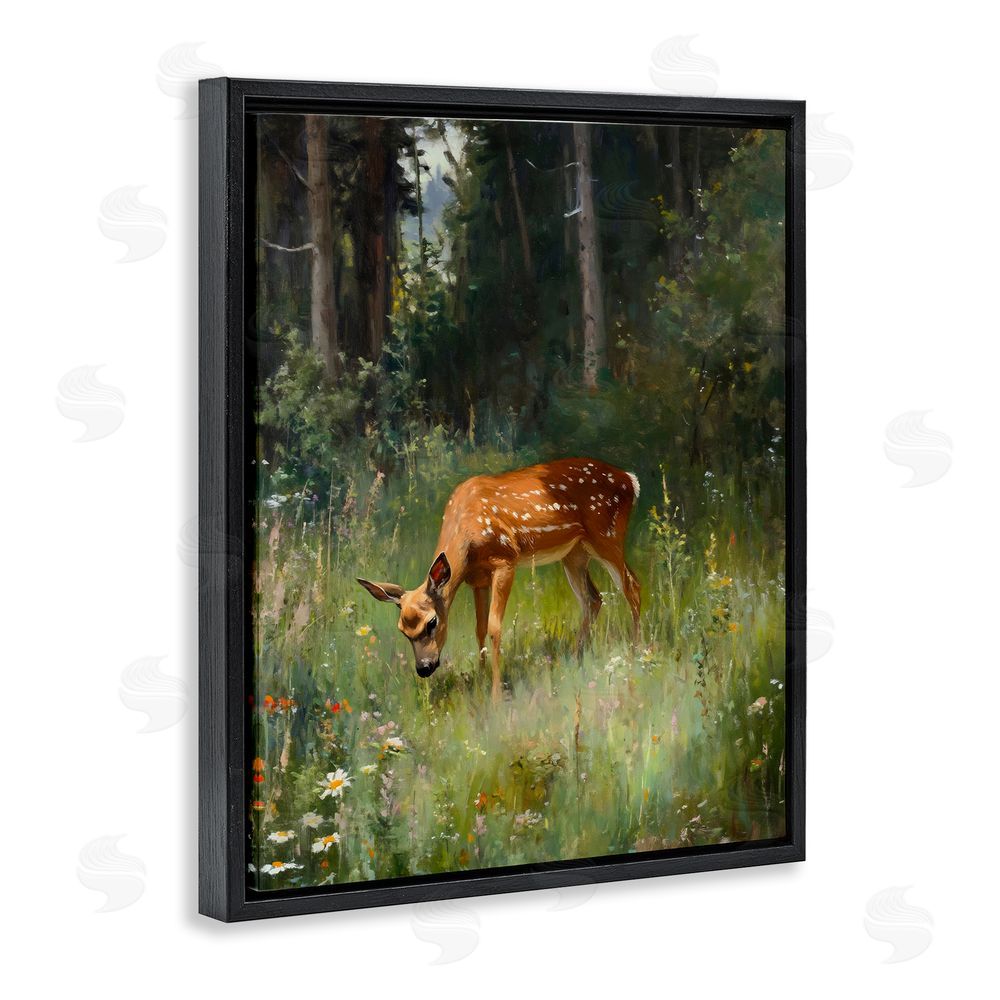 Franklyn Gregory Grazing Deer at Forest Glen Black Floating Frame Canvas Wall Art Print