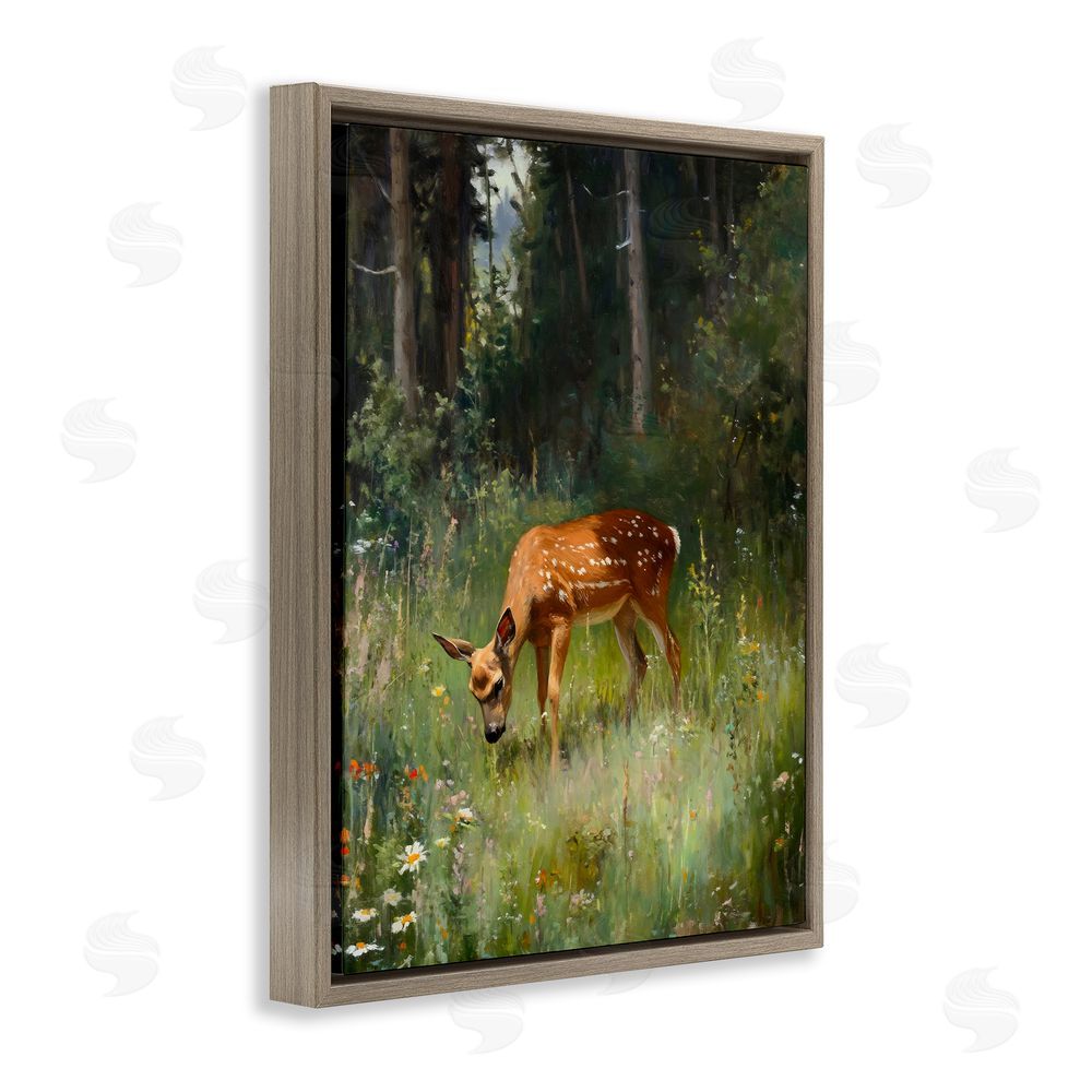 Franklyn Gregory Grazing Deer at Forest Glen Brown Floating Frame Canvas Wall Art Print
