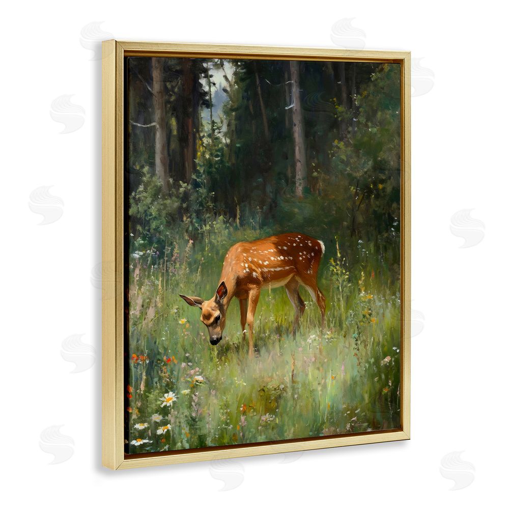 Franklyn Gregory Grazing Deer at Forest Glen Gold Floating Frame Canvas Wall Art Print
