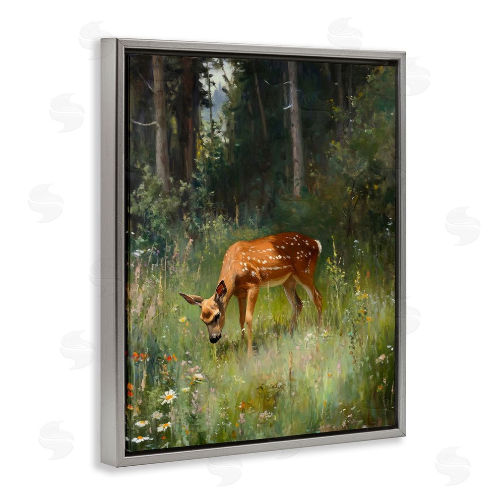Franklyn Gregory Grazing Deer at Forest Glen Gray Floating Frame Canvas Wall Art Print