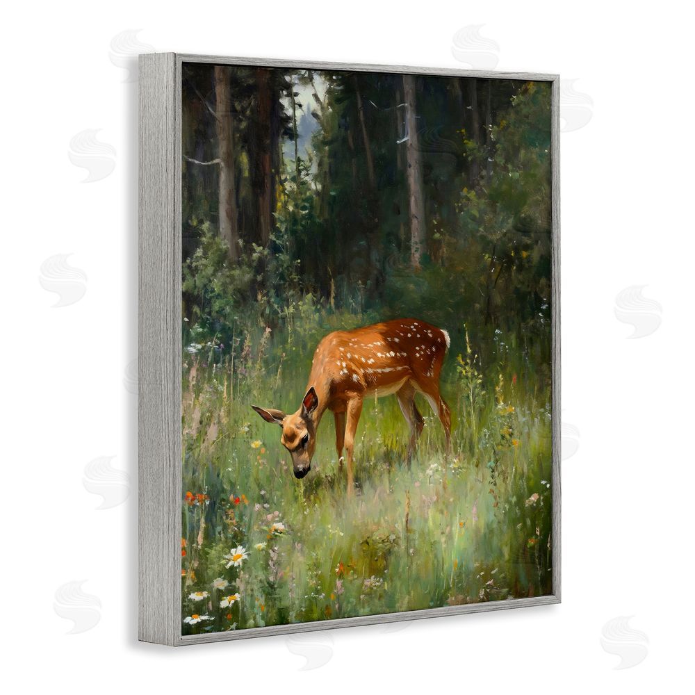 Franklyn Gregory Grazing Deer at Forest Glen Gray Framed Giclee Wall Art Print