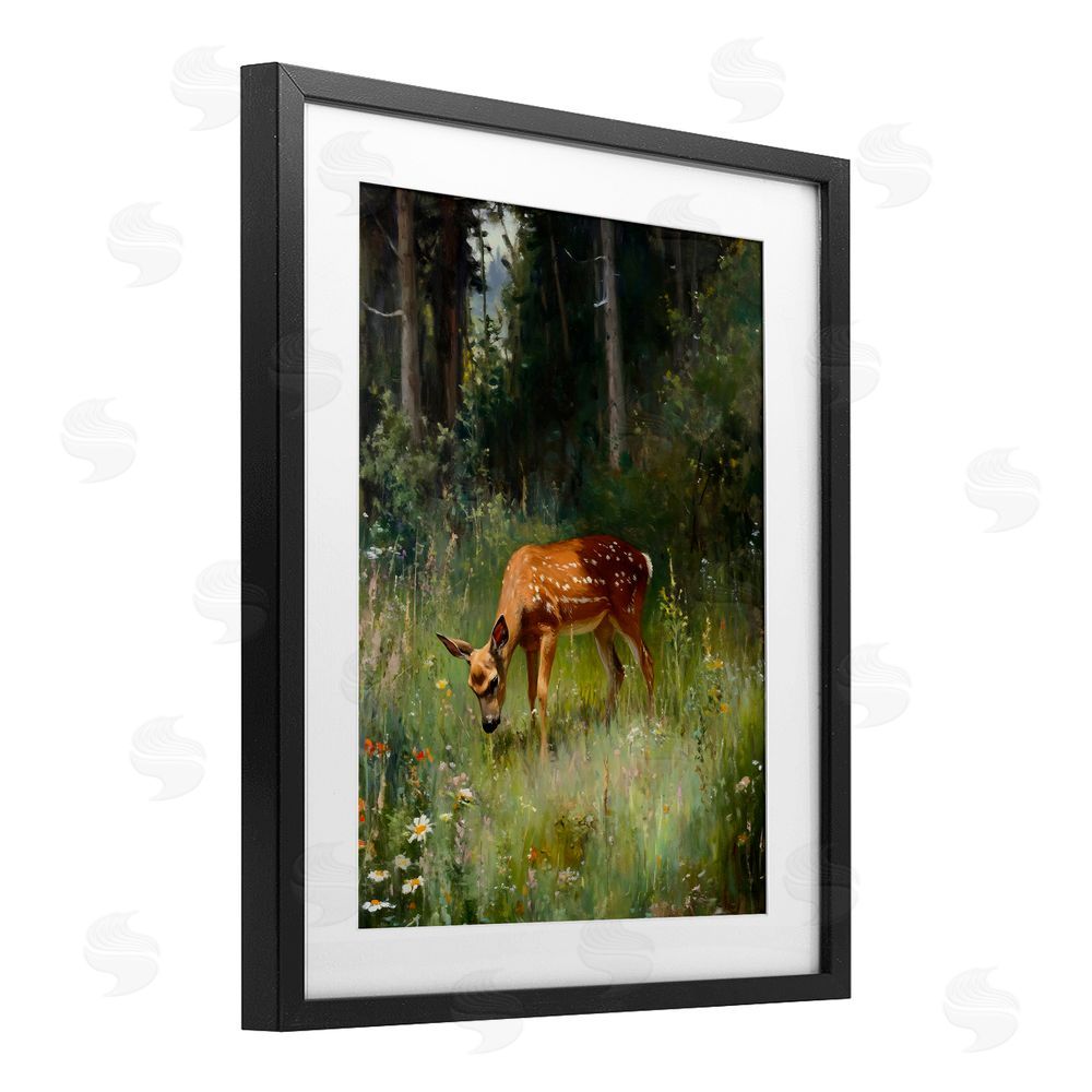 Franklyn Gregory Grazing Deer at Forest Glen Black Framed Print Under Glass with White Mat Wall Art