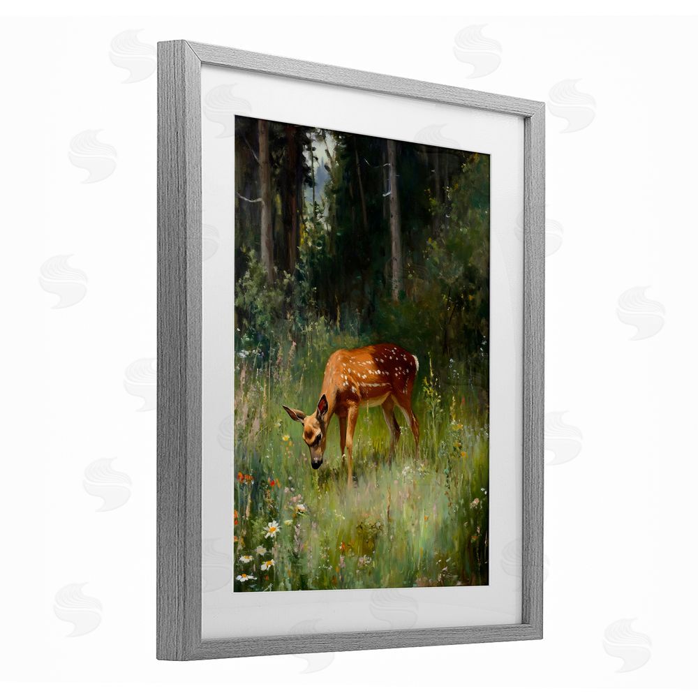 Franklyn Gregory Grazing Deer at Forest Glen Gray Framed Print Under Glass with White Mat Wall Art