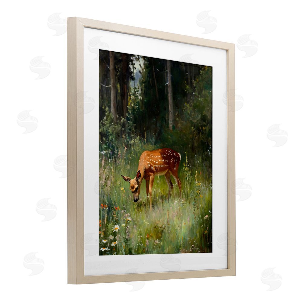 Franklyn Gregory Grazing Deer at Forest Glen Birch Framed Print Under Glass with White Mat Wall Art