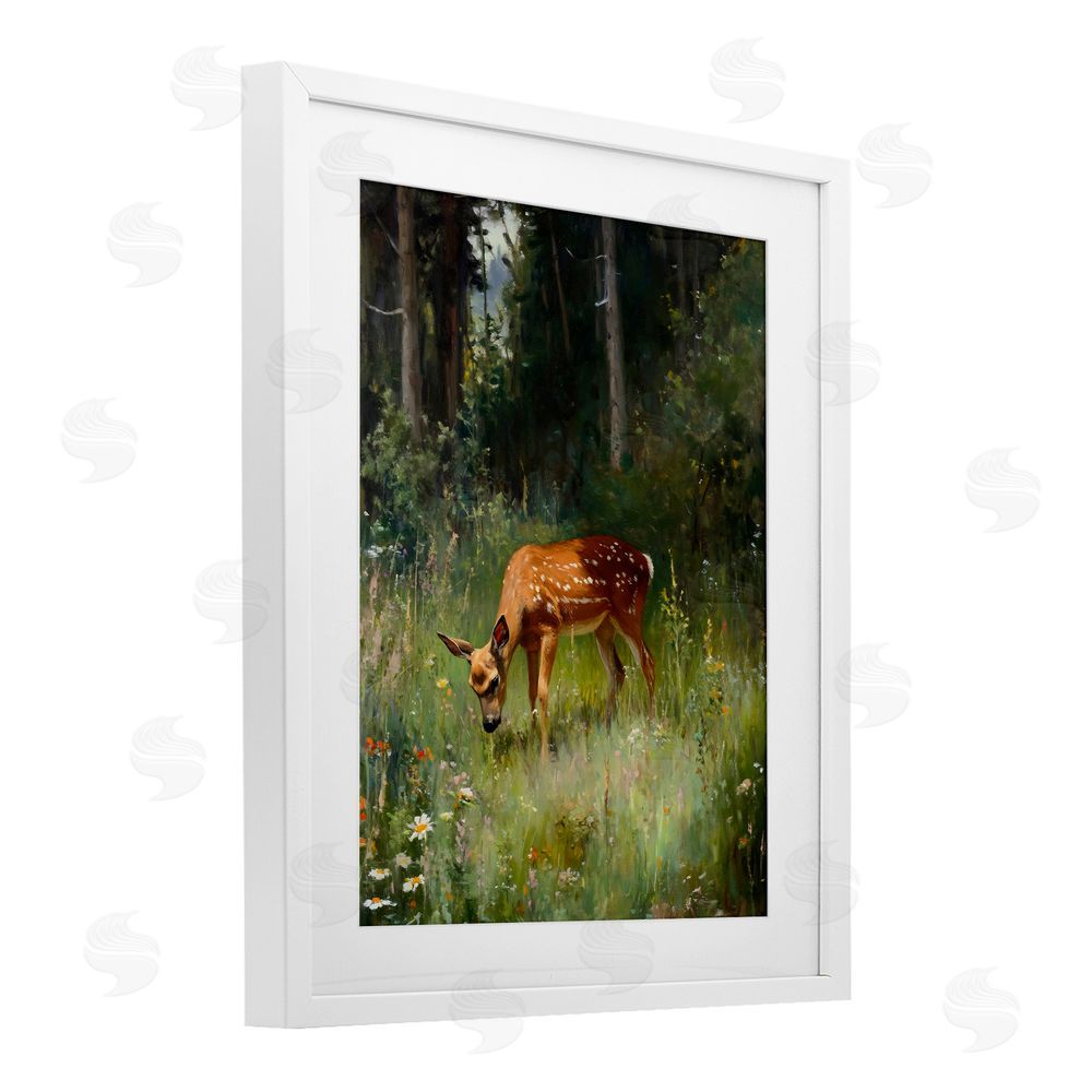 Franklyn Gregory Grazing Deer at Forest Glen White Framed Print Under Glass with Mat Wall Art