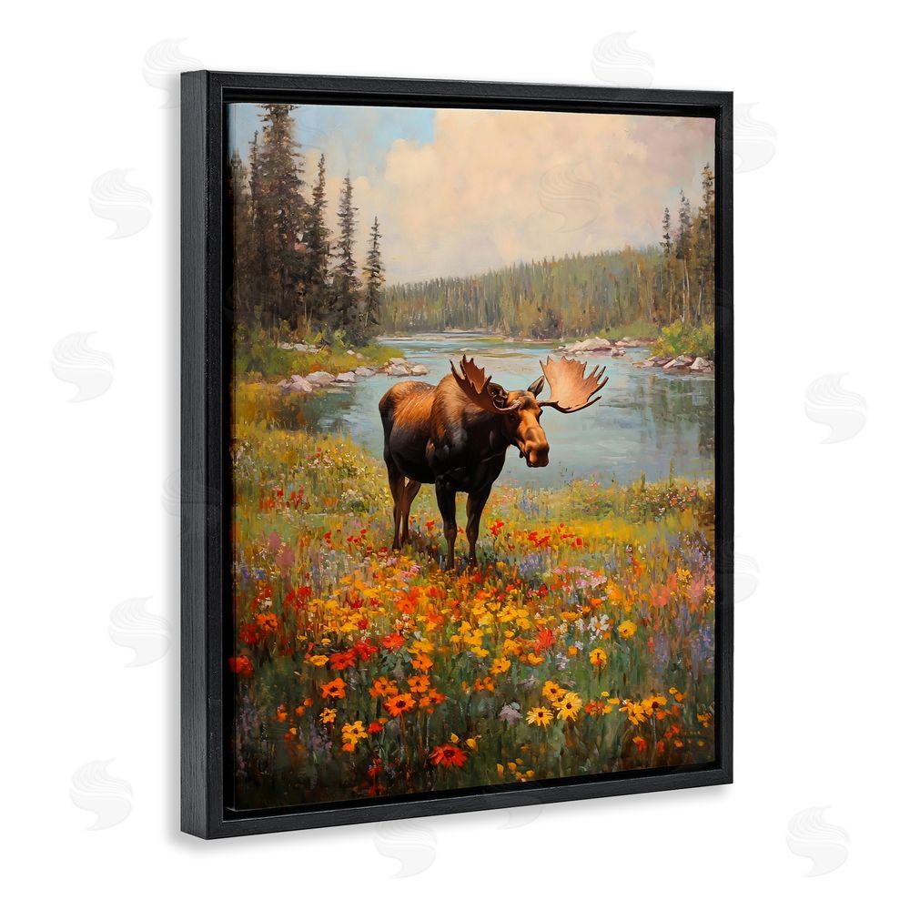 Franklyn Gregory Moose Grazing In The Flowers Black Floating Frame Canvas Wall Art Print