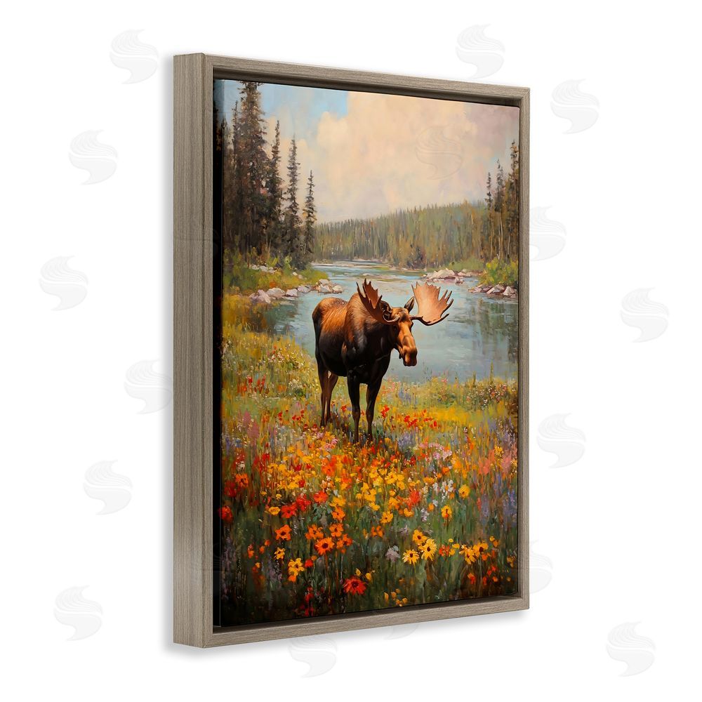 Franklyn Gregory Moose Grazing In The Flowers Brown Floating Frame Canvas Wall Art Print