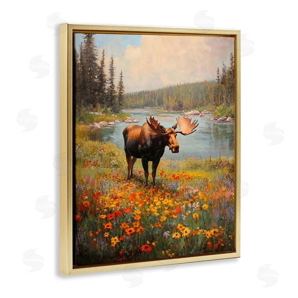 Franklyn Gregory Moose Grazing In The Flowers Gold Floating Frame Canvas Wall Art Print