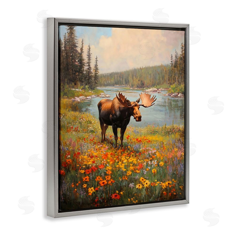 Franklyn Gregory Moose Grazing In The Flowers Gray Floating Frame Canvas Wall Art Print