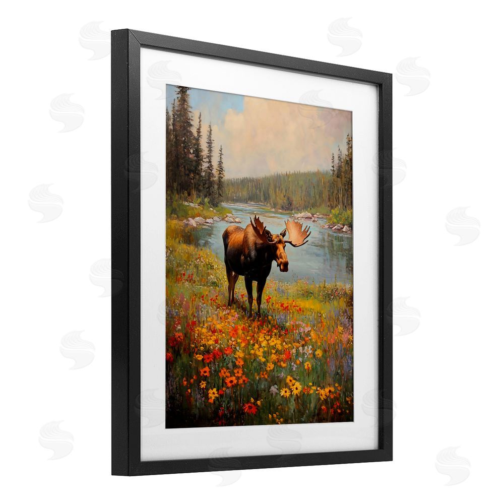 Franklyn Gregory Moose Grazing In The Flowers Black Framed Print Under Glass with White Mat Wall Art