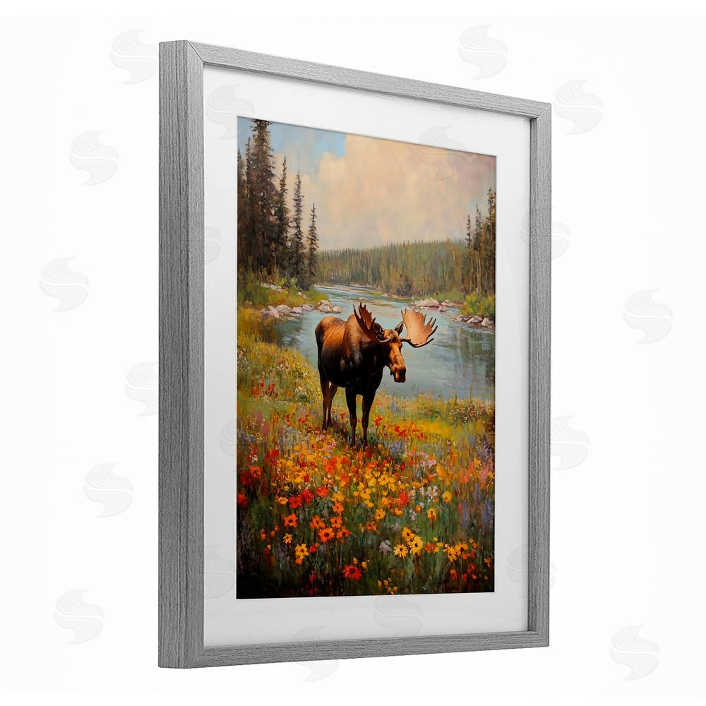 Franklyn Gregory Moose Grazing In The Flowers Gray Framed Print Under Glass with White Mat Wall Art