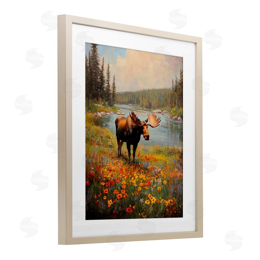 Franklyn Gregory Moose Grazing In The Flowers Birch Framed Print Under Glass with White Mat Wall Art