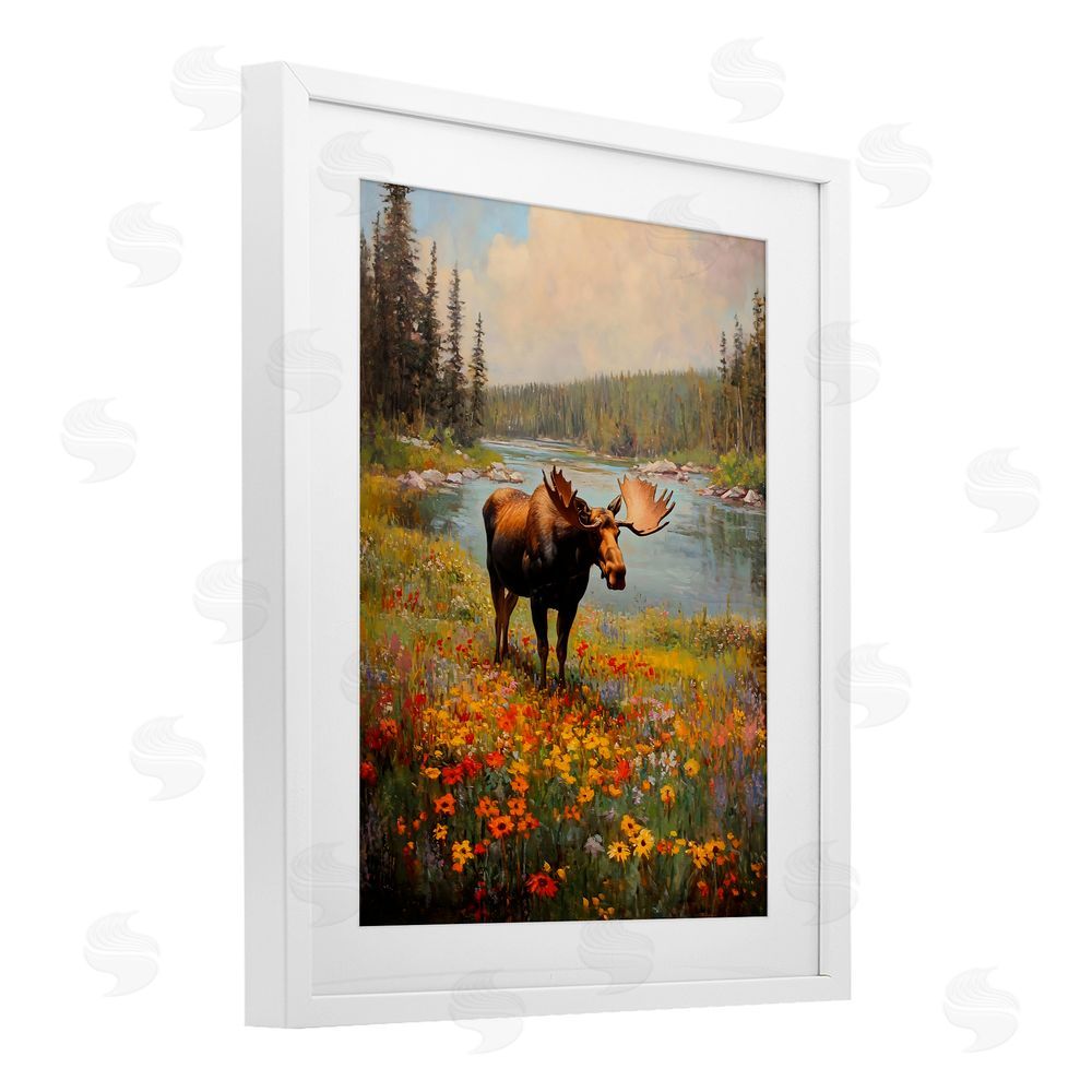 Franklyn Gregory Moose Grazing In The Flowers White Framed Print Under Glass with Mat Wall Art