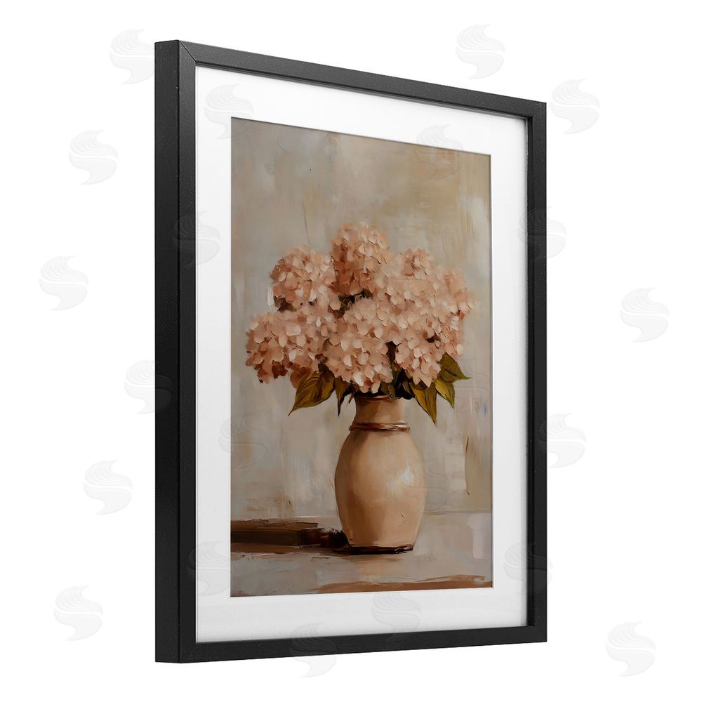 Franklyn Gregory Classic Blush Pink Hydrangeas Black Framed Print Under Glass with White Mat Wall Art