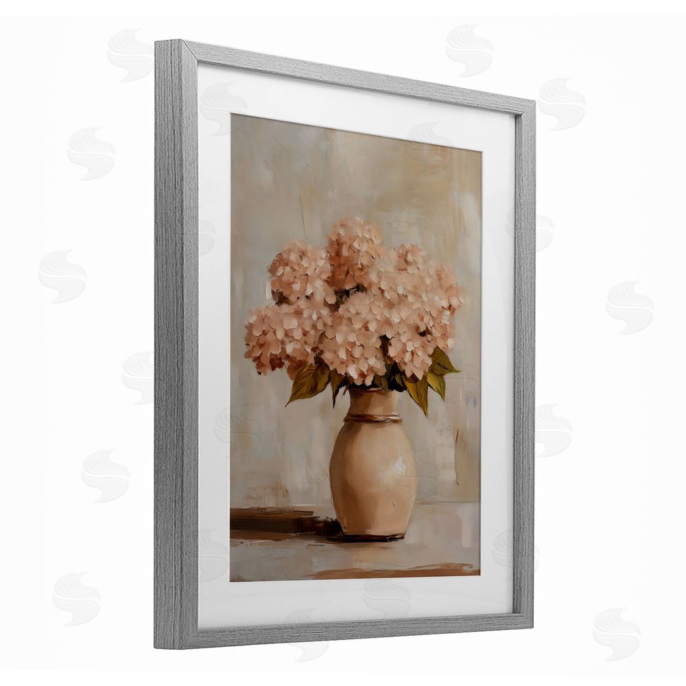 Franklyn Gregory Classic Blush Pink Hydrangeas Gray Framed Print Under Glass with White Mat Wall Art