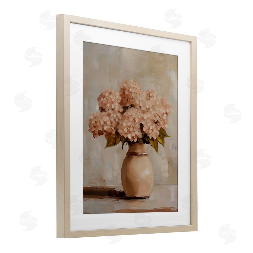 Franklyn Gregory Classic Blush Pink Hydrangeas Birch Framed Print Under Glass with White Mat Wall Art