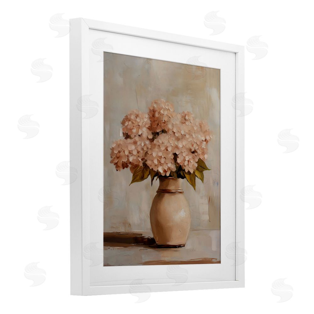 Franklyn Gregory Classic Blush Pink Hydrangeas White Framed Print Under Glass with Mat Wall Art