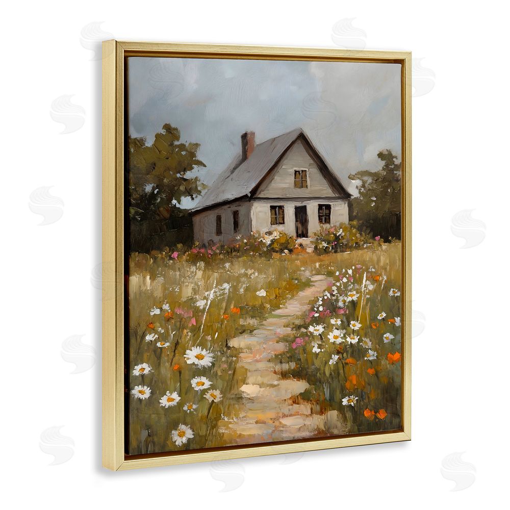 Franklyn Gregory Daisies Up Cottage Path Gold Floating Frame Canvas Wall Art Print
