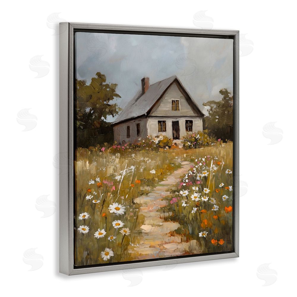 Franklyn Gregory Daisies Up Cottage Path Gray Floating Frame Canvas Wall Art Print