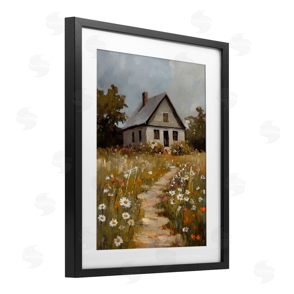Franklyn Gregory Daisies Up Cottage Path Black Framed Print Under Glass with White Mat Wall Art