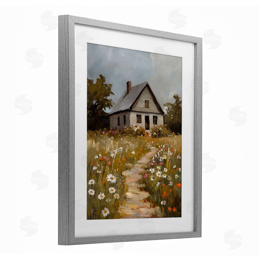 Franklyn Gregory Daisies Up Cottage Path Gray Framed Print Under Glass with White Mat Wall Art