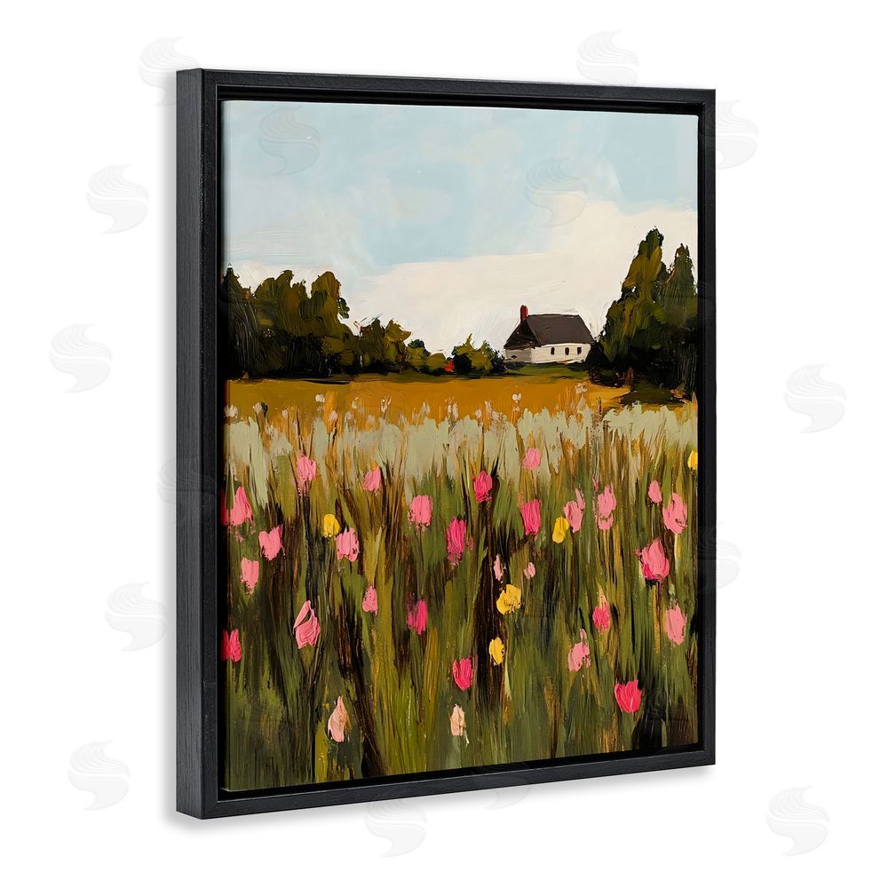 Franklyn Gregory Distant Wildflower Cottage Black Floating Frame Canvas Wall Art Print