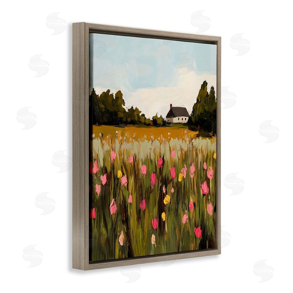Franklyn Gregory Distant Wildflower Cottage Brown Floating Frame Canvas Wall Art Print