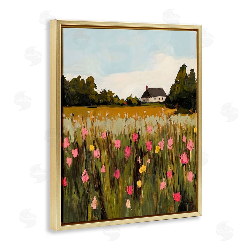 Franklyn Gregory Distant Wildflower Cottage Gold Floating Frame Canvas Wall Art Print