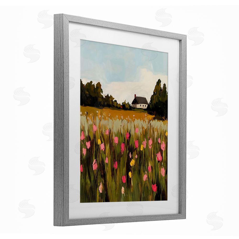 Franklyn Gregory Distant Wildflower Cottage Gray Framed Print Under Glass with White Mat Wall Art