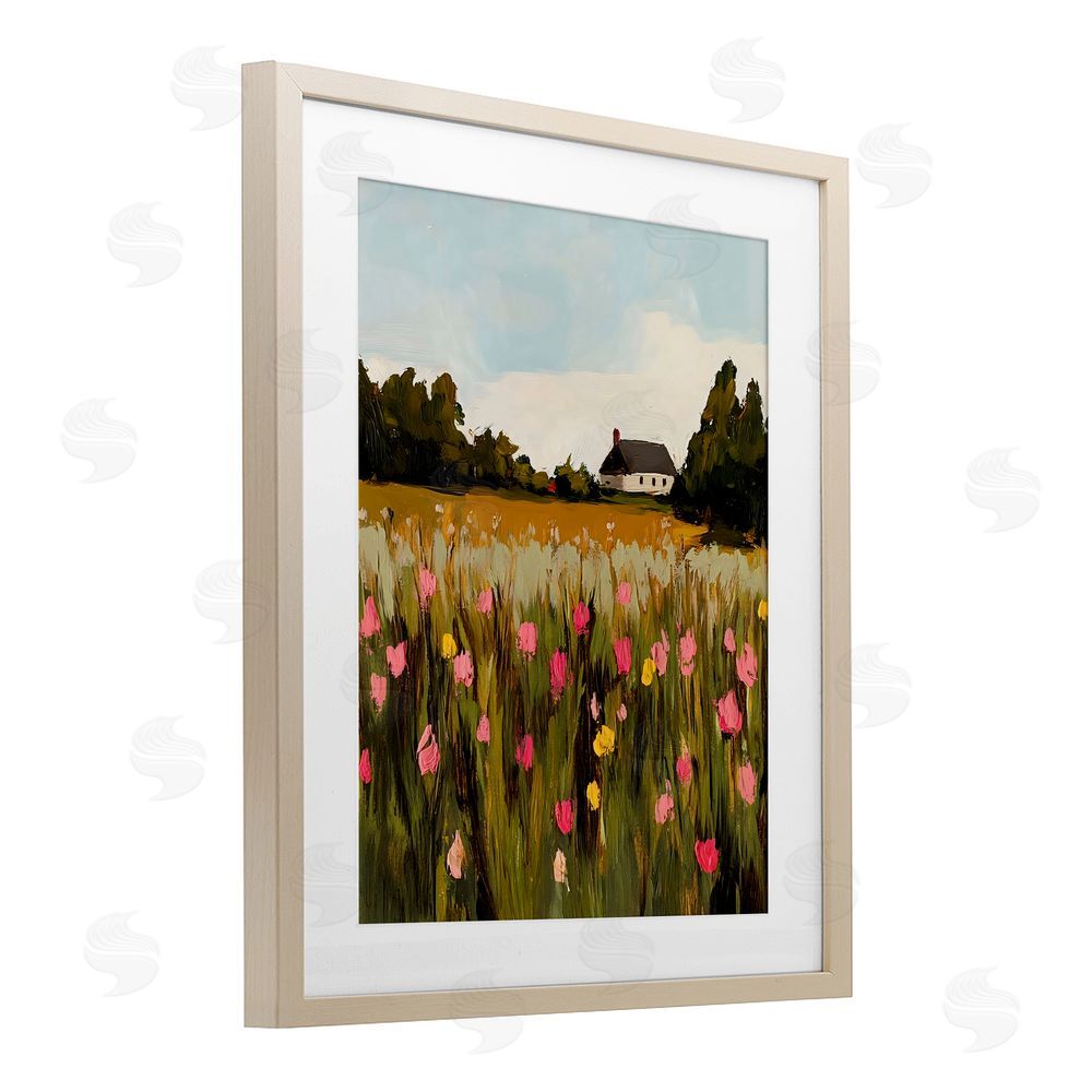 Franklyn Gregory Distant Wildflower Cottage Birch Framed Print Under Glass with White Mat Wall Art